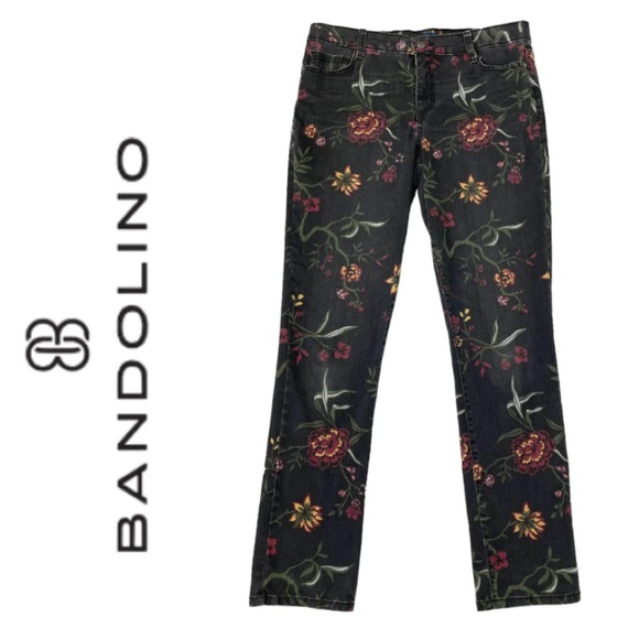Black Floral “Amy” Straight Leg Jeans { Bandolino } - Picture 1 of 11